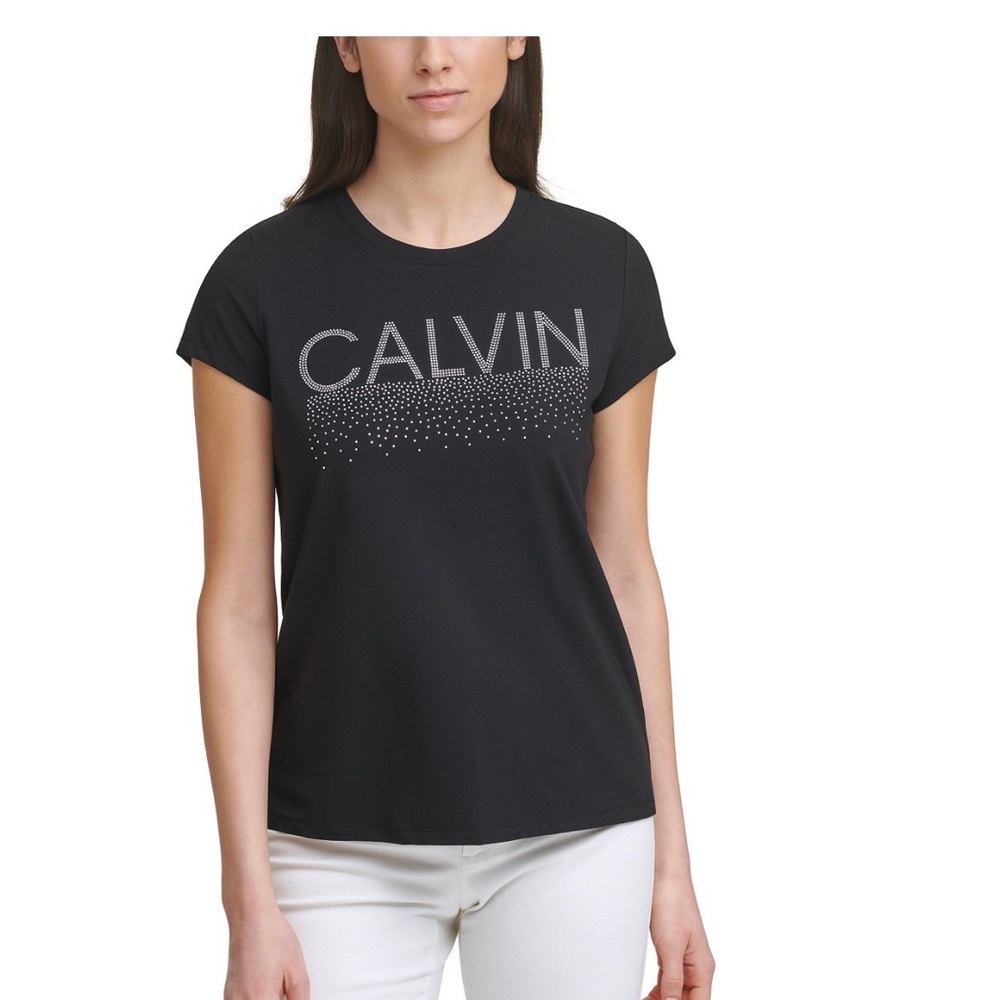 Calvin Klein Exercise Tee Women’s Black Short Sleeve Silver Sparkle Studded Logo